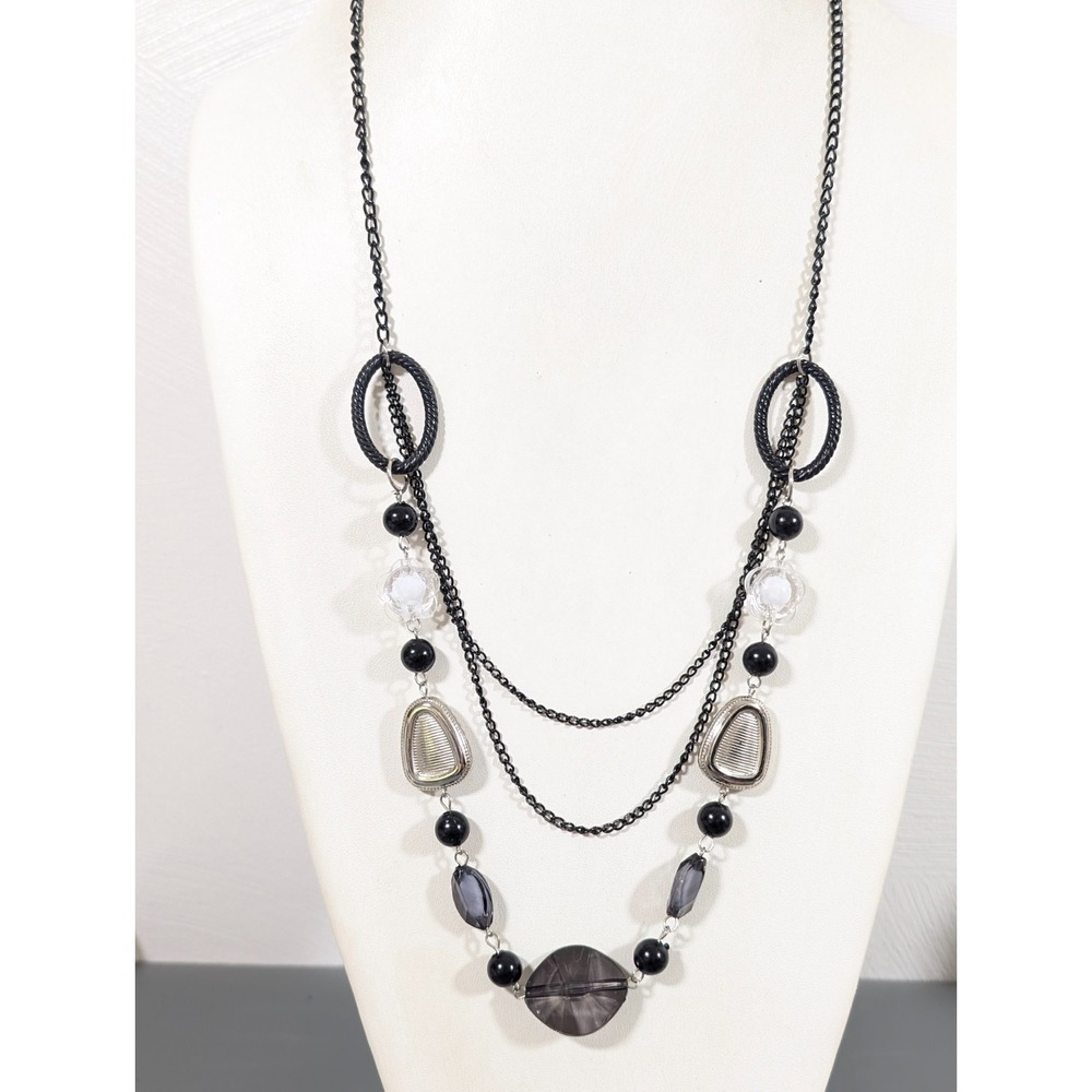 Black Gray Layered Chain Bead Necklace Gothic Whimsigoth Statement 32 in